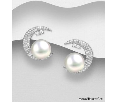925 Sterling Silver Crescent Moon Push-Back Earrings, Decorated with CZ Simulated Diamonds and Freshwater Pearls