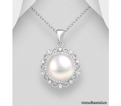 925 Sterling Silver Swirl Pendant, Decorated with CZ Simulated Diamonds and Freshwater Pearl