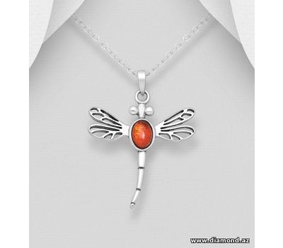 925 Sterling Silver Dragonfly Pendant, Decorated with Baltic Amber