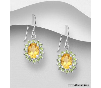 La Preciada - 925 Sterling Silver Oval Push-Back Earrings, Decorated with Citrine and Peridot.