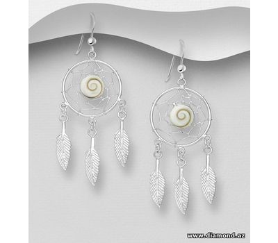 925 Sterling Silver Dream Catcher Hook Earrings, Decorated with Shiva Shell