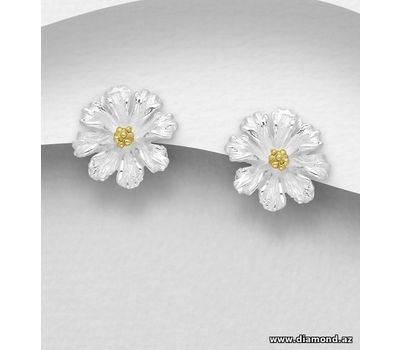 925 Sterling Silver Flower Push-back Earrings, Pollen Plated with 1 Micron 18K Yellow Gold