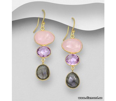Desire by 7K - 925 Sterling Silver Hook Earrings, Decorated with Labradorite, Amethyst and Rose Quartz, Plated with 0.3 Micron 18K Yellow Gold