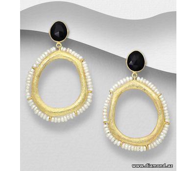 Desire by 7K - 925 Sterling Silver Push-Back Earrings, Decorated with Onyx and Freshwater Pearls, Plated with 0.3 Micron 18K Yellow Gold