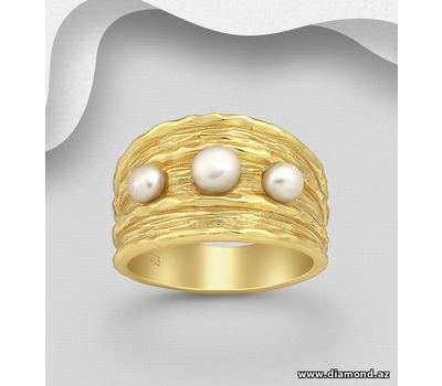 Desire by 7K - 925 Sterling Silver Ring, Decorated with Freshwater Pearls, Plated with 0.3 Micron 18K Yellow Gold