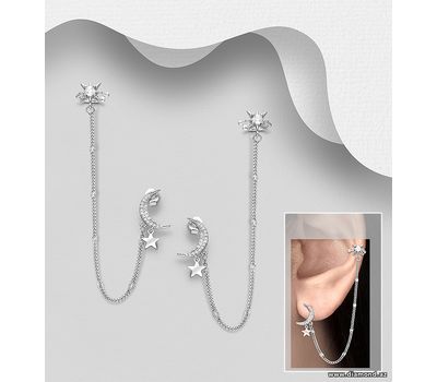 925 Sterling Silver Star and Moon Push-Back & Ear Cuffs, Decorated with CZ Simulated Diamonds