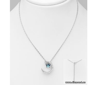 925 Sterling Silver Moon Necklace Decorated with CZ Simulated Diamonds, Featuring Crystal Star Glass