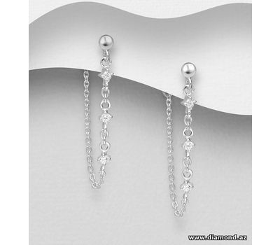 925 Sterling Silver Chain Push-Back Earrings, Decorated with CZ Simulated Diamonds