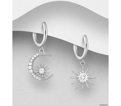 925 Sterling Silver Moon and Sun Push-Back Earrings, Decorated with CZ Simulated Diamonds