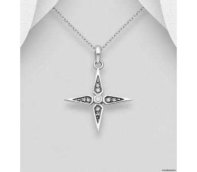 925 Sterling Silver Oxidized Pendant, Decorated with CZ Simulated Diamonds